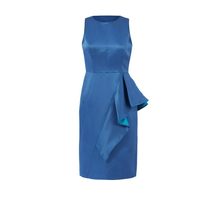 Shoshanna Elisa Dress Sz 10 Blue Satin Sheath Ruffle Cocktail Wedding Guest Nwt — image 6 of 8